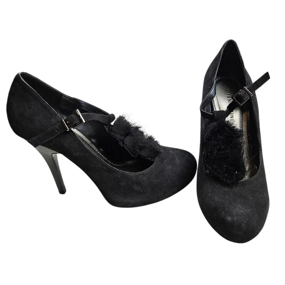 Gianni Bini Heels Women's 9.5M Black Strappy Ankle Strap Closed Toe Shoes Flower